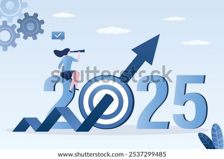 Economic prospects in 2025. Visionary looking future with spyglass. Smart businesswoman look through binoculars at growing chart. Business opportunities and targets or goals. flat vector illustration