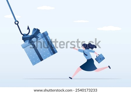 Gift box on hook, bait. Woman customer fast run and want take prize or gift. Marketing, promotion campaign. Deception, scam, fake discount or seasonal sale. flat vector illustration