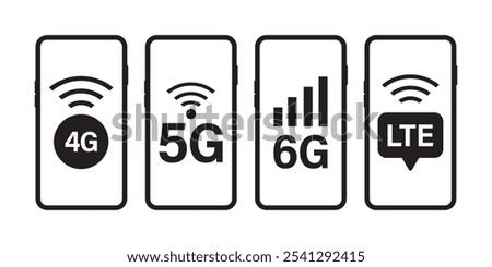 Set of icons 3G, 4G, 5G, LTE with wifi sign on mobile phone screens. Wireless connection. Development of wireless networks. Design isolated on white background. flat vector illustration