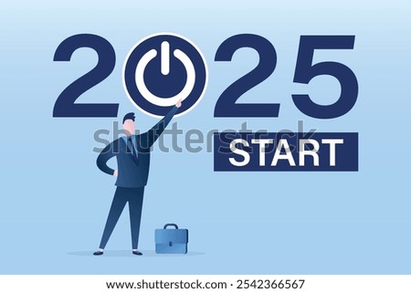 New year, business or launch start up company in 2025 concept, Improvement, change management. Businessman pushing start button to startup new business in 2025. flat vector illustration