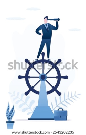 Confident businessman standing on giant rudder helm and looking spyglass. Search right way for development. Vision to see opportunity, skills to overcome obstacles, control and drive growth concept.