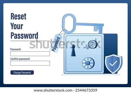 Strongbox with closed door. Reset password landing page. Big key key is on the safe. Account access. Security shield. Webpage template, trendy style vector illistration