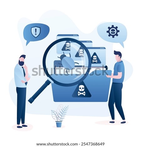 Handsome employee holding folder with computer viruses and bugs. System administrator thinking about data protection and antivirus. Hacker or pirate attack concept. Vector illustration