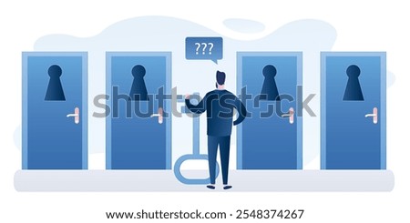 Businessman with big key standing in front of doors with keyholes. Smart man chooses the right path to success. Male character back view in trendy style. Business scene. Vector illustration