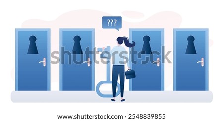 Businesswoman with big key standing in front of doors with keyholes. Beauty woman chooses the right path to success. Female character back view in trendy style. Business scene. Vector illustration