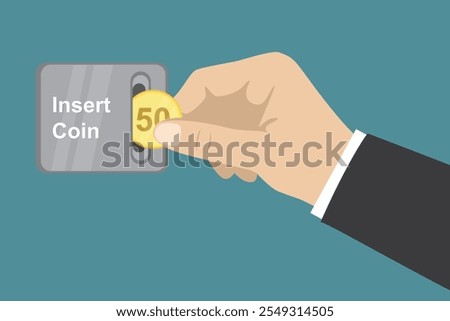 Cartoon hand inserting coin to slot on Vending Machine. Money and body part isolated on blue background. Vector illustration flat design