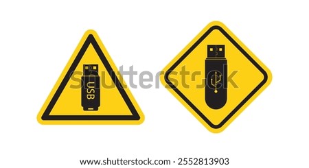 Warning sign with usb flashdisk. No Usb stick, Flash drive prohibition icon. Not uses usb flash drive, yellow and black signs, design isolated on white background. flat vector illustration