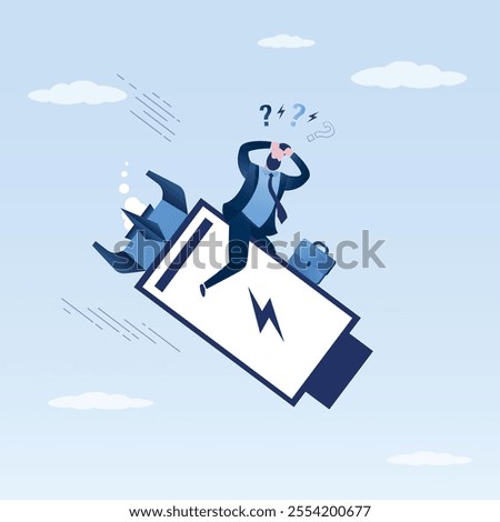 Businessman flies down on an empty rocket battery. Lack of motivation, no strength, tired from work, burnout. Lack of funding. Male character in crisis. Frustration, emotional problems. flat vector