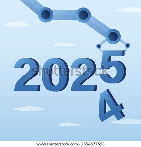 Robot hand adds new number instead of old falling one. 2025 year of new technologies, success opportunity, change to new business bright future, celebrating 2025. Forecast concept. vector illustration