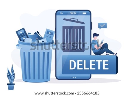 Businessman sitting on giant button and cleaning phone from unnecessary documents. Waste bin on smartphone. Delete junk files and clean your mobile phone. cleaning cellphone, from trash files. vector