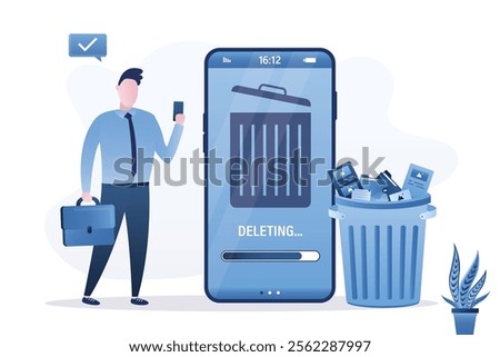 Businessman uses and cleaning phone from unnecessary documents. Waste bin on smartphone. Delete junk files and clean your mobile phone. cleaning cellphone, from trash files. flat vector illustration