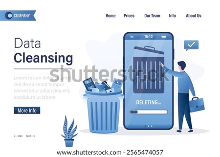 Data cleansing, landing page template. Businessman uses and cleaning phone from trash files. Waste bin on smartphone. Delete junk files and clean your mobile phone. flat vector illustration