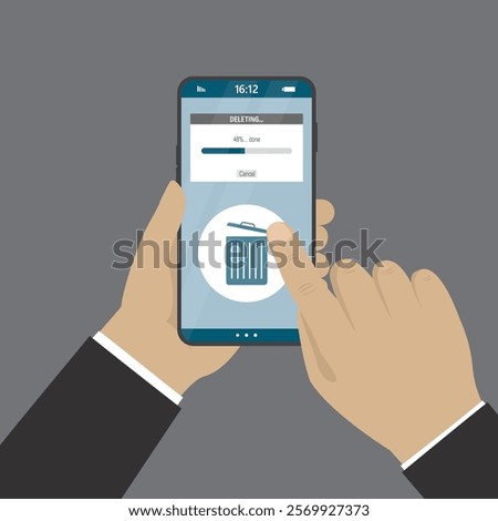 Human hands holding and cleaning phone or documents to waste bin smartphone. Delete junk files, share documents and clean your phone. cleaning cellphone, from trash files. flat vector illustration