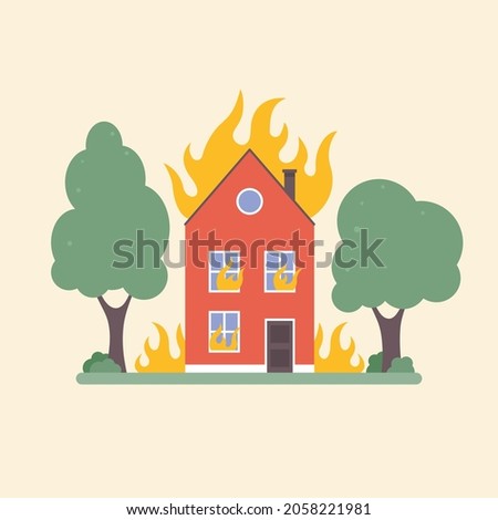 Burning home. Property insurance against fire. Safety first. House On Fire vector illustration isolated on white background.