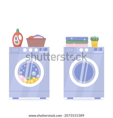 Modern washing machine and tumble dryer isolated on white background. Laundry basket. Washing clothes before and after housework service concept vector illustration. 
