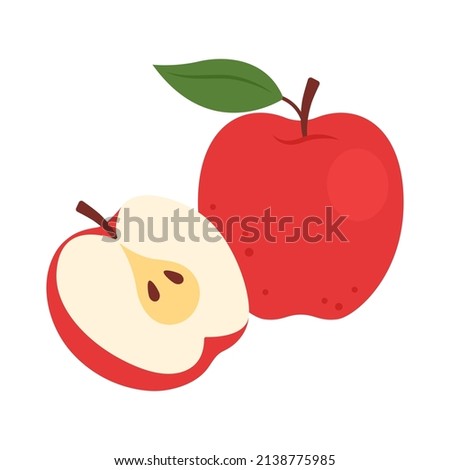 Red apple whole fruit and half sliced isolated on white background. Ripe sweet apple icon for package design. Vector fruit illustration in flat style.