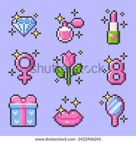 International Women's Day pixel art set. Isolated girly cute vector icons. Female power. 8 march. Design for stickers, mobile app. Vector pixel art illustration in 8-bit y2k style.