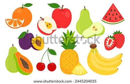 Vector fruits set isolated on white background. Apple, orange, pear, watermelon, plum, cherry, papaya, pineapple, bananas and strawberry icon. Vector illustration of summer fruits in flat style.