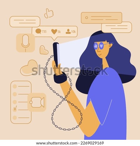 The woman in glasses hold smartphone and chatting, talk in virtual social network or watch online news, stories, video and take photo, selfie. The girl has got phone addiction, FOMO, device bad habit.