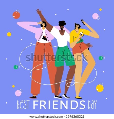 The group of people, woman, girls and  African American man  take a selfie. They celebrations happy national best friends day. The Illustration good for poster or UI UX design.