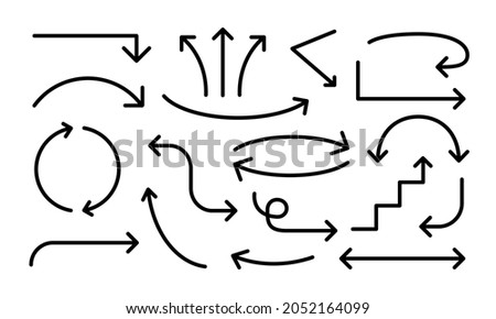 Arrow thin line black icon set. Right, up, next, round, circle, down, left, broken different arrows various direction. Web design element, interface internet, website or mobile app, ui, pointer sign