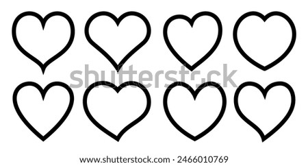 Heart different shape black line icon set. Love, valentine day, cardio health, wedding, 14 february, romantic symbol. Outline silhouette logo design element isolated on white. Web button holiday sign