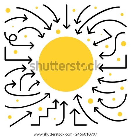 Black arrows pointing towards the center point. Abstract different arrow direction banner. Right, up, next, round, circle, down, left pointer sign thin line icon set. Web design element, website app
