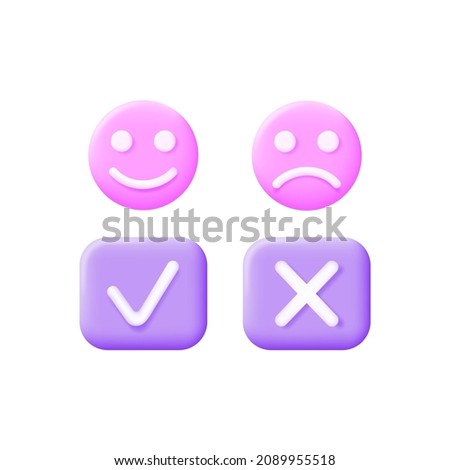 3d emotion icons and check and cross mark isolated on white background. Modern and trendy design in 3d style for web design.