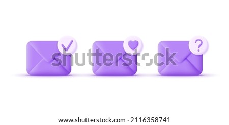 3d set of envelopes isolated on white background. Like, heart, check marks, question mark. Trendy ana modern vector in 3d style.