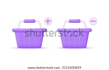 3d shopping basket and plus, minus isolated on white background. Online shopping concept. Trendy and modern vector in 3d style.