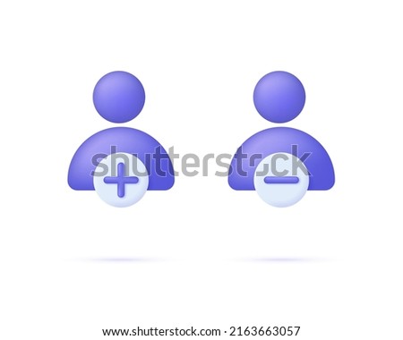 3d User icon and plus, minus marks isolated on white background. Avatar, human, person, people icon. People illustration sign collection. Can be used for many purposes. Trendy vector in 3d style.