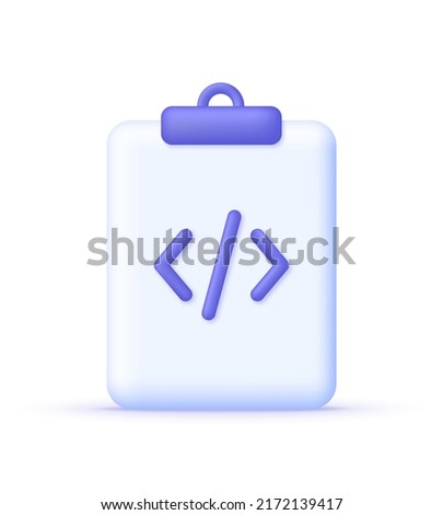 3D Paper and programming code icon isolated on white background. Development and software concept. Can be used for many purposes. Trendy and modern vector in 3d style.