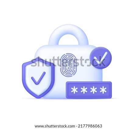 3D Cyber security to Protect Personal Data. Shield, padlock and password icons. Can be used for many purposes. Trendy and modern vector in 3d style.