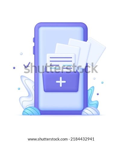 3D Folder symbol on phone illustration. Concept of data sharing service, information transfer, file exchange network, download and upload. New folder file. Add attach create folder make new plus icon