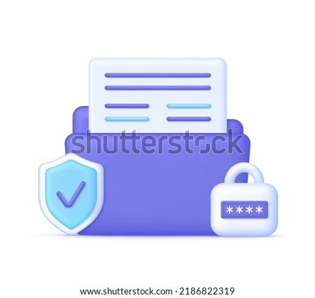 3D Secure confidential files folder with paper documents access and private lock. File protection. Data security and privacy concept. Secure confidential information. Vector in 3d style.