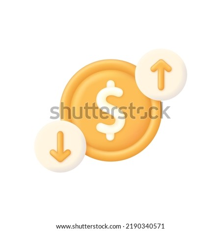 3D Cost of dollar with arrow down and up. Economy crisis or economy growth. loss or growth. Icon of exchange of currency. Vector in 3d style.