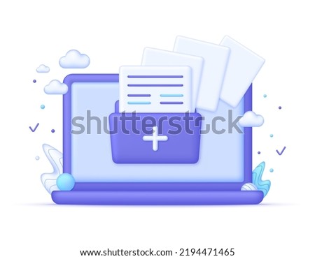 3D Folder symbol on computer illustration. Concept of data sharing service, information transfer, file exchange network, download and upload. Add attach create folder make new plus icon.