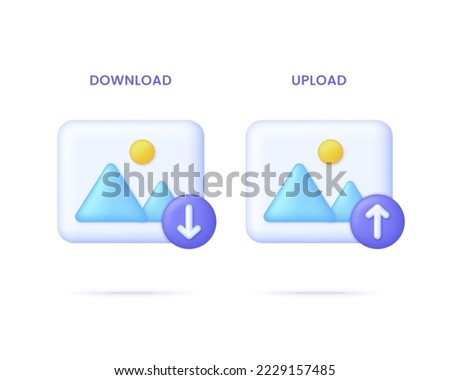 3D Download or upload picture icon. Picture, jpg file, photo icon. Gallery icon. Mountains and sun. Trendy and modern vector in 3d style.