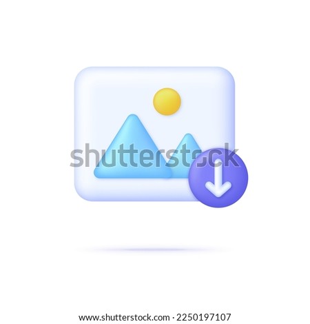 3D Download picture icon. Picture, jpg file, photo icon. Gallery icon. Mountains and sun. Trendy and modern vector in 3d style.