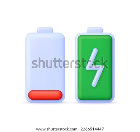 3D Battery charge indicator. Battery charge from low to high. Discharged and charged battery. Trendy and modern vector in 3d style.
