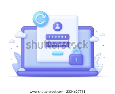 3D Password reset illustration on Computer. Update personal data concept. Getting a new username and password for an account. Information protection, security in the Internet.