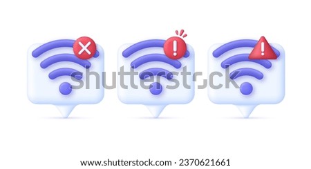 3D Set of Wireless or Wifi illustration. Bad connection concept. Lost network Wifi. Error Internet. Broadcasting area with Wifi. Trendy and modern vector in 3d style