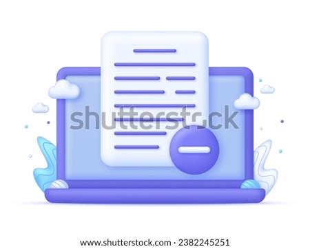 3D Page and minus sign on Computer. Remove document illustration. Trendy and modern vector in 3d style.