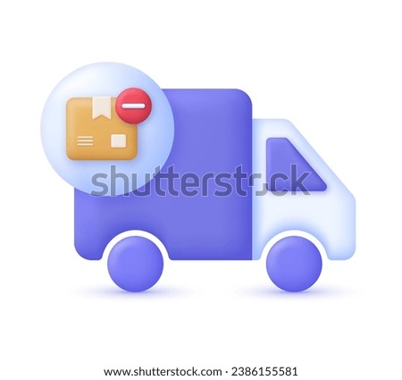 3D Truck with delivery box and minus sign. Remove concept. Express delivery, shipping, truck icon, quick move. Fast delivery concept. Trendy and modern vector in 3d style.