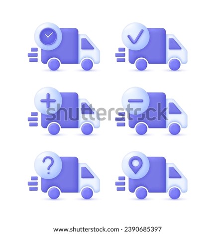 3D Set of Delivery Truck icons. Location, question, add, remove, check, time concept. Express delivery, shipping, truck icon, quick move. Fast delivery concept. Trendy and modern vector in 3d style.