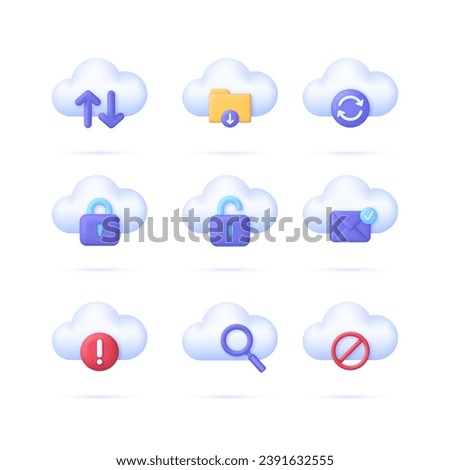 3D Set of Cloud Computing icons. Download, upload, synchronization, safety, search, important notice concept. Data Center, Cloud Storage Concept. Internet Archive. Modern vector in 3d style.