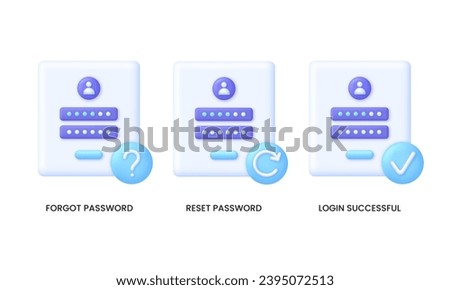 3D Set of password illustrations. Forgot, reset password and login successful. Cyber security to Protect Personal Data. User authorization, sign in to account, authentication page. Vector in 3d style.