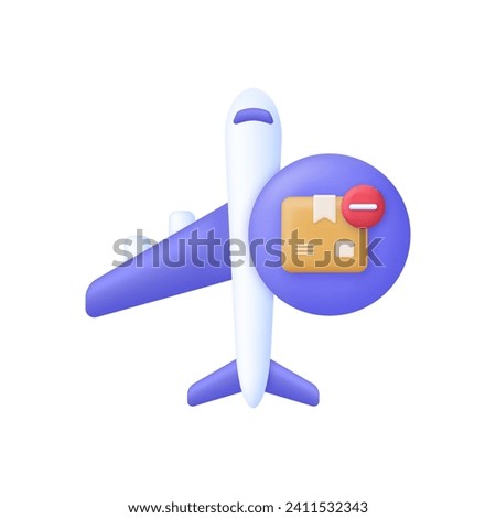 3D Airplane with parcel and minus icon. Delivery concept. Remove icon. Flight transport symbol. Travel concept. Trendy and modern vector in 3d style