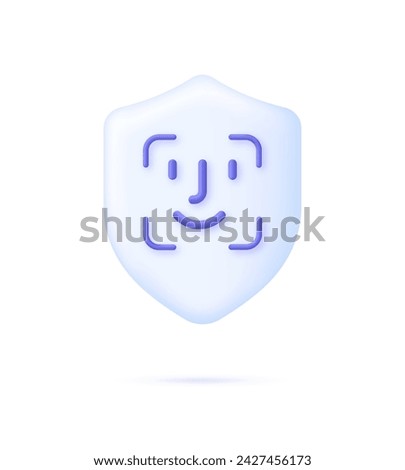 3D Face recognition illustration on shield. Concept of facial recognition, face ID system, biometric identification, face scan system. Cyber security concept. Modern vector in 3d style