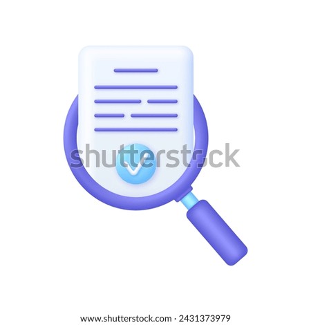 3D Evaluate result icon. File and magnifying glass. Concept of analyze project. Magnifier evaluation checklist icon. Trendy and modern vector in 3d style